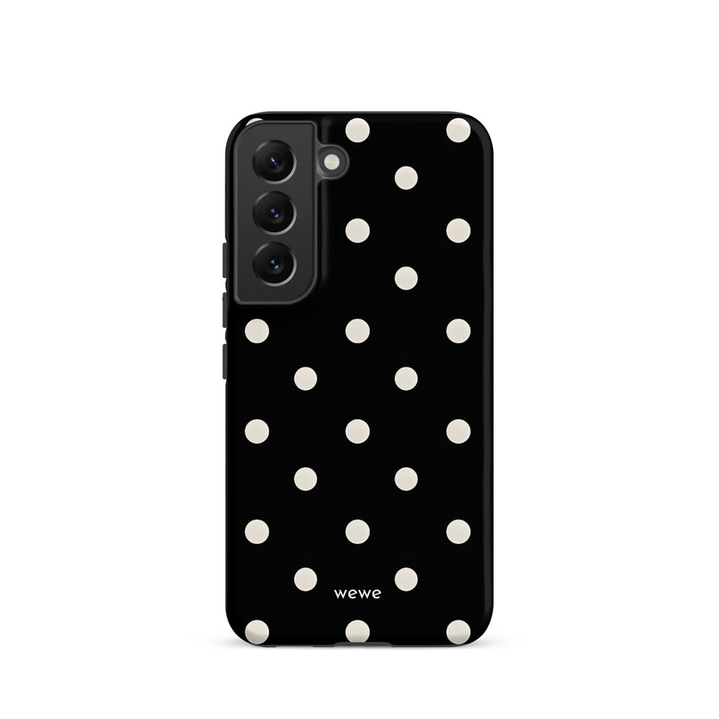 Custom samsung galaxy s22 Phone case with a black background and a pattern of small white polka dots.
