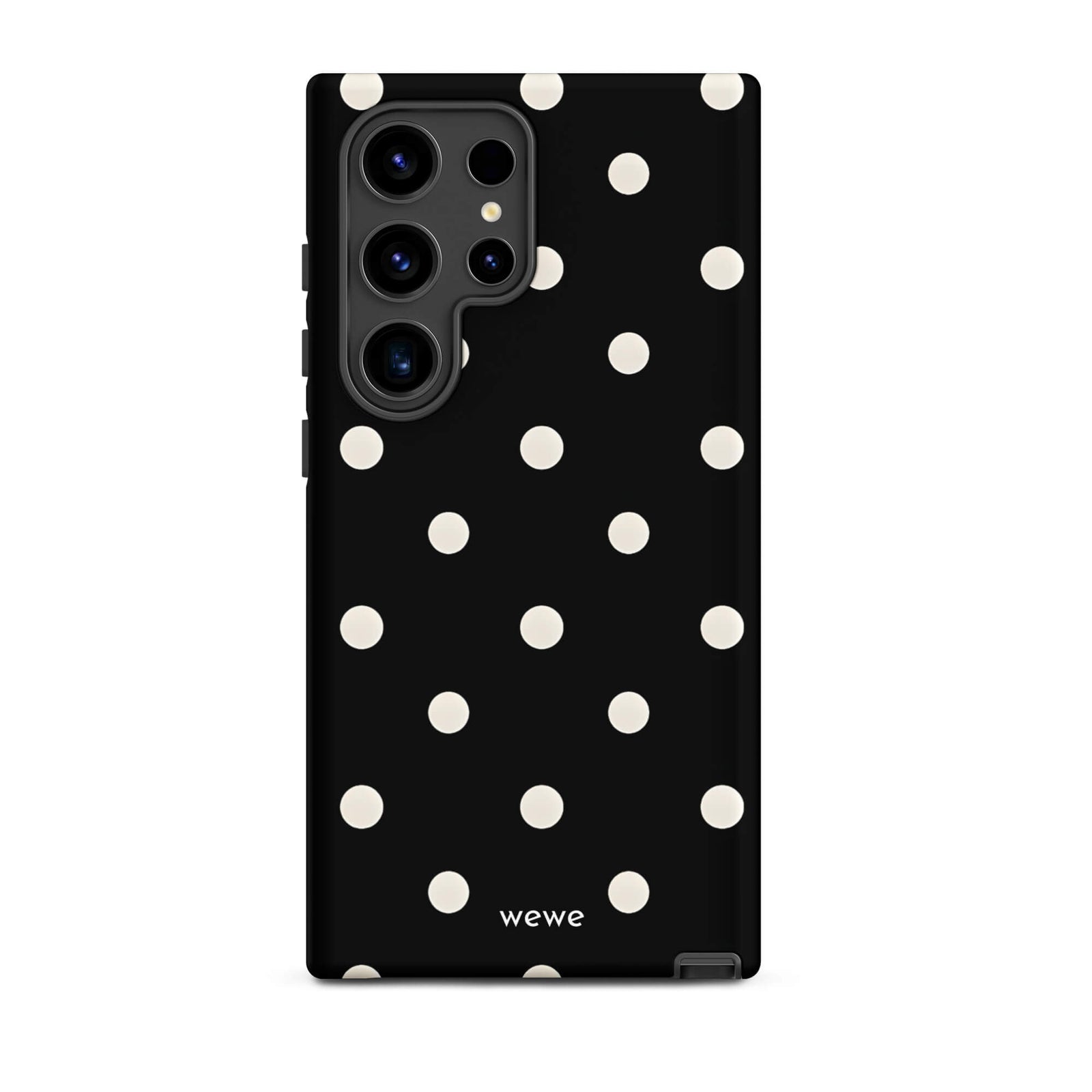 Custom samsung galaxy s24 ultra Phone case with a black background and a pattern of small white polka dots.