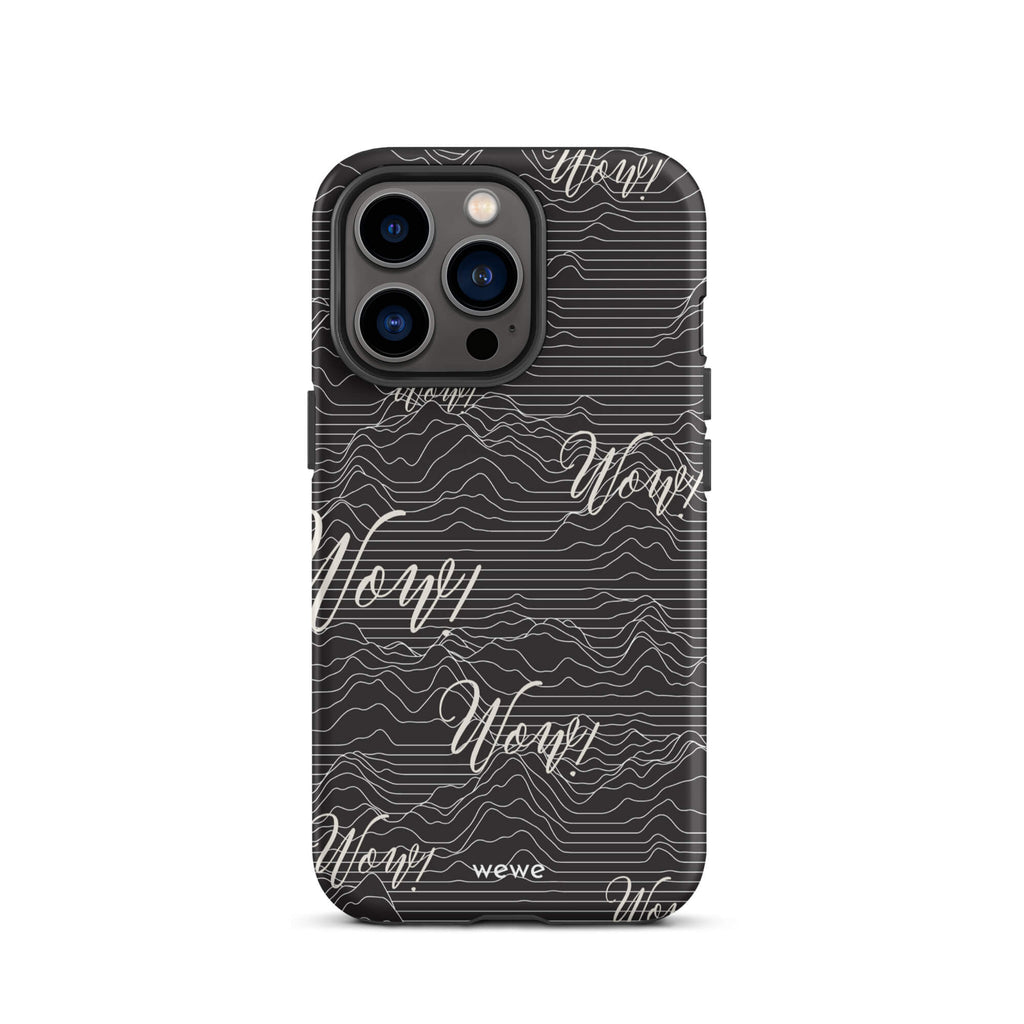 Custom iPhone case 13 pro with a black background, a wave pattern, and "Wow!" text repeated in a handwritten font.