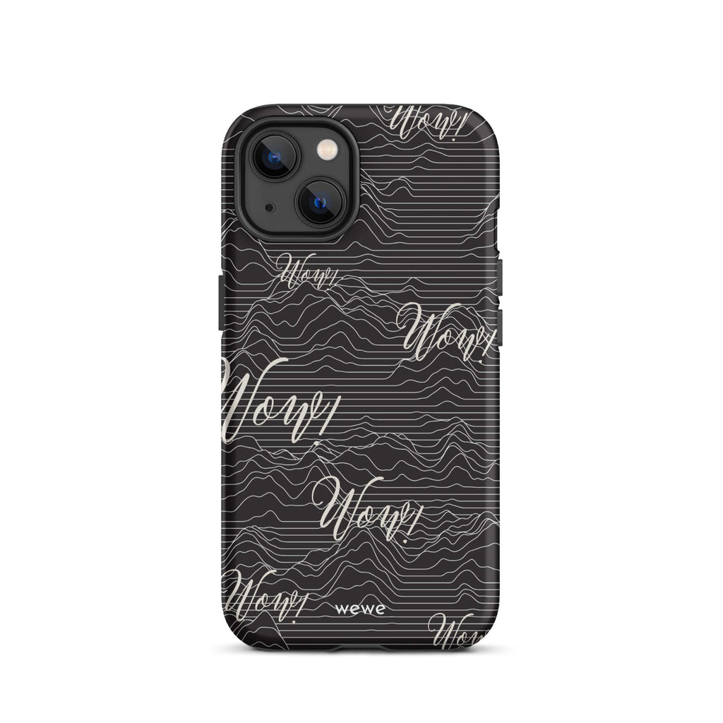 Custom iPhone case 13 with a black background, a wave pattern, and "Wow!" text repeated in a handwritten font.