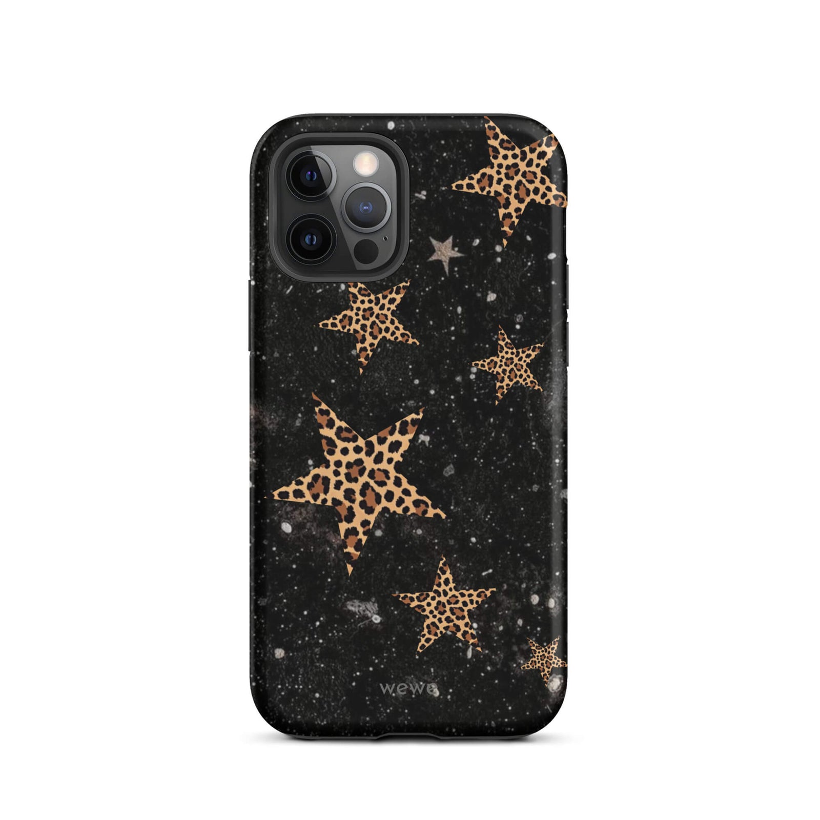 Custom iPhone case 12 pro with a black galaxy-like background and a scattered leopard print star pattern.