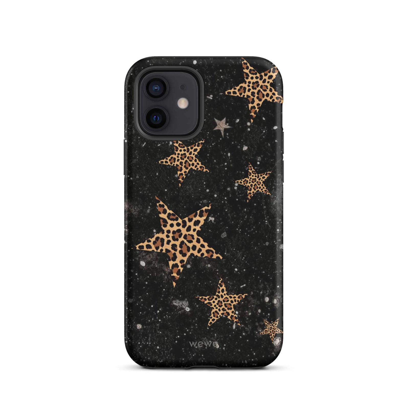 Custom iPhone case 12 with a black galaxy-like background and a scattered leopard print star pattern.