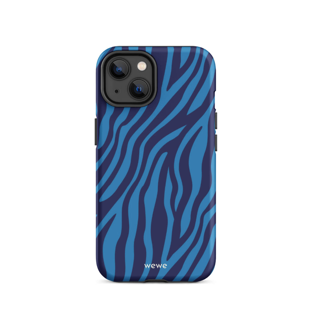 Custom iPhone case 14 with a bold and graphic blue and black zebra stripe pattern.