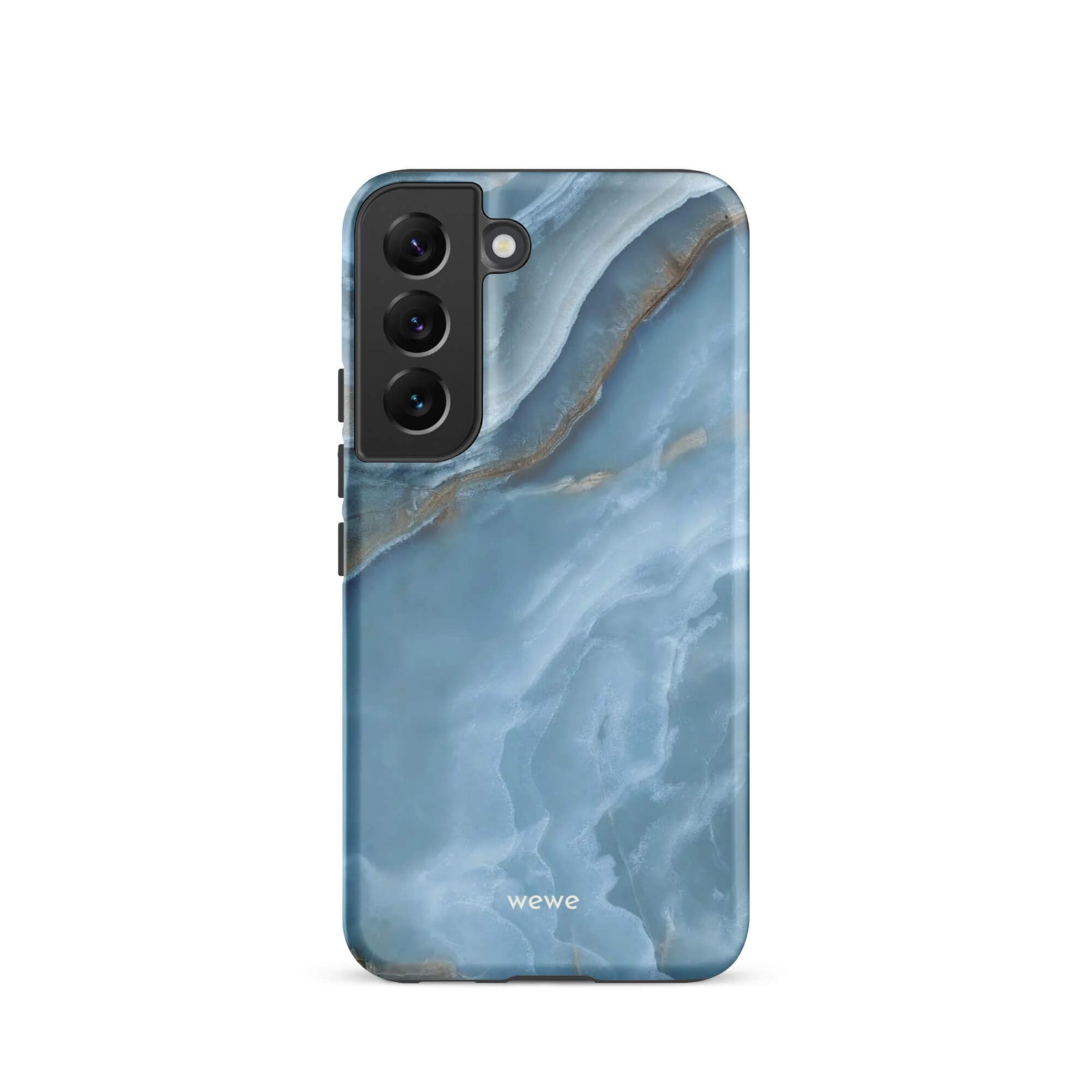 Custom samsung galaxy s22 Phone case with a close-up image of a blue, white, and gold marble-like agate slice.