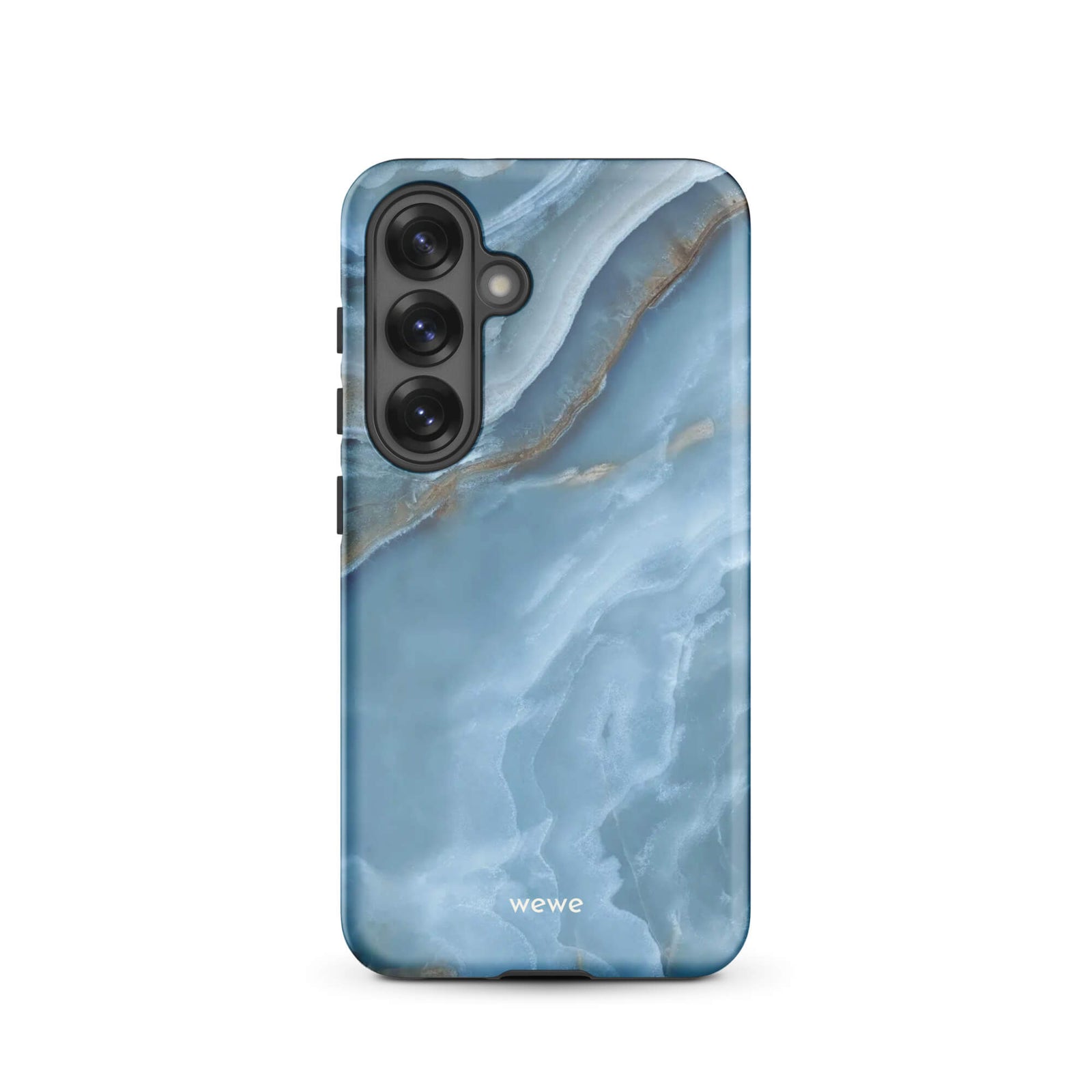 Custom samsung galaxy s25 Phone case with a close-up image of a blue, white, and gold marble-like agate slice.