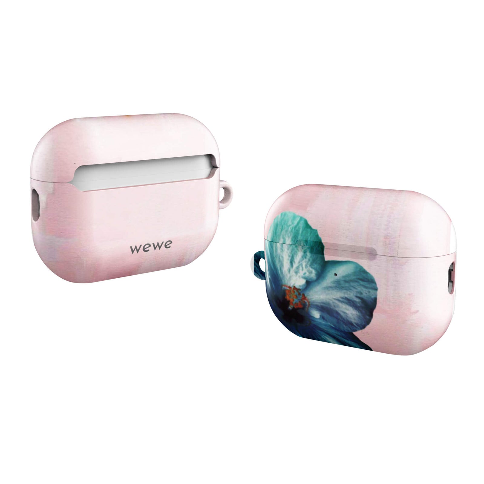 Custom AirPods case pro gen2 with a photo of a blue hibiscus flower with a green center on a soft pink painted background.