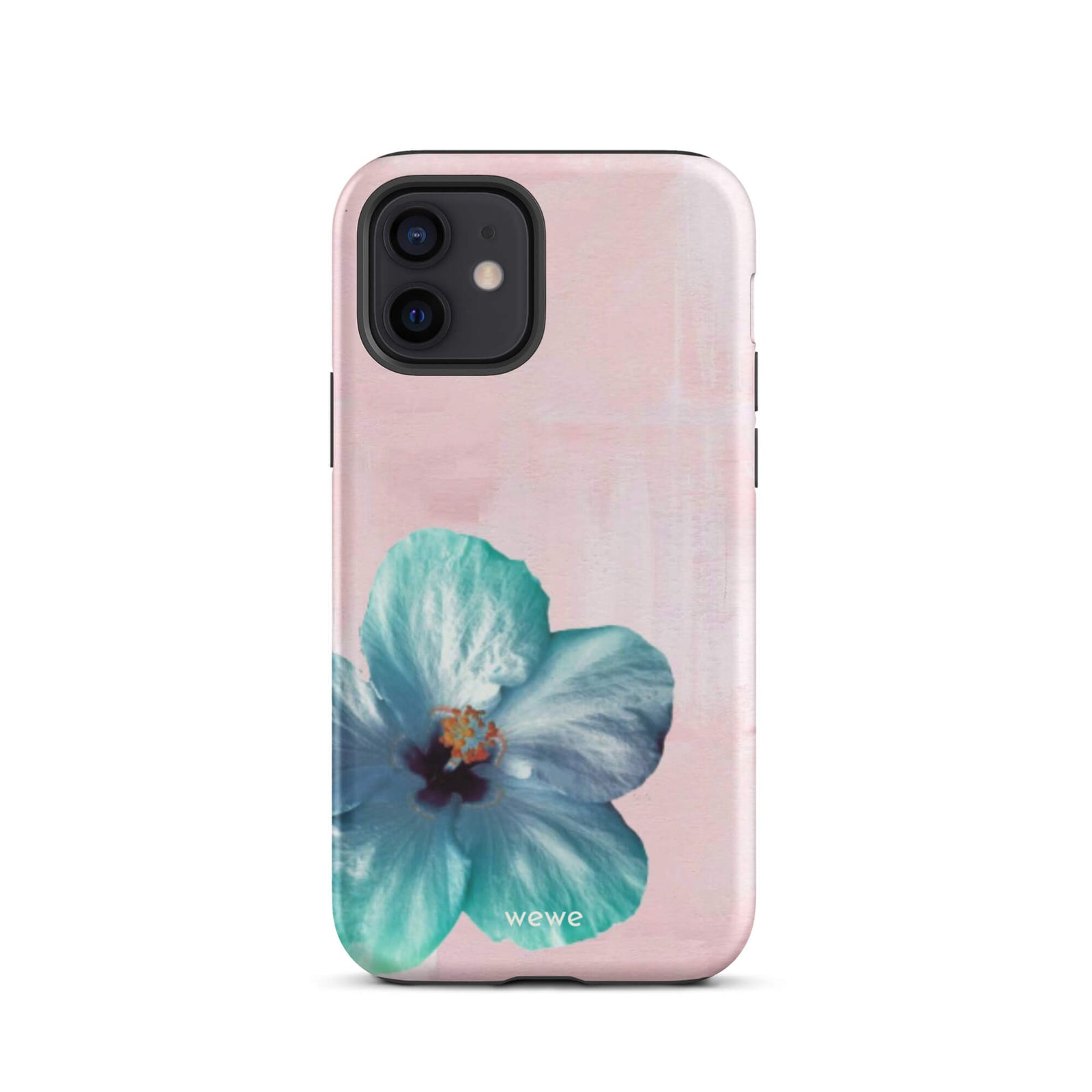 Custom iPhone case 12 with a photo of a blue hibiscus flower with a green center on a soft pink painted 