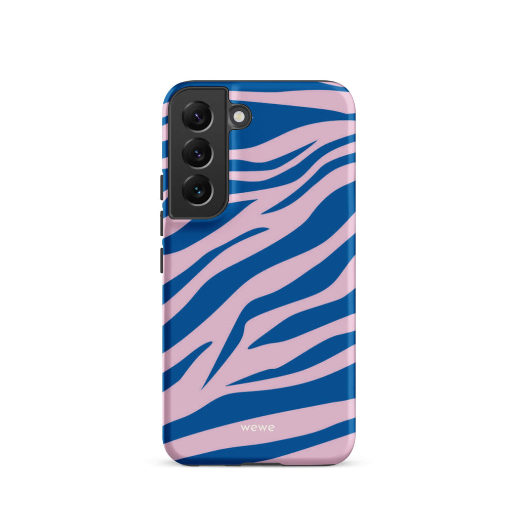 Custom samsung galaxy s22  Phone case with a  bold and graphic blue and pink zebra pattern.