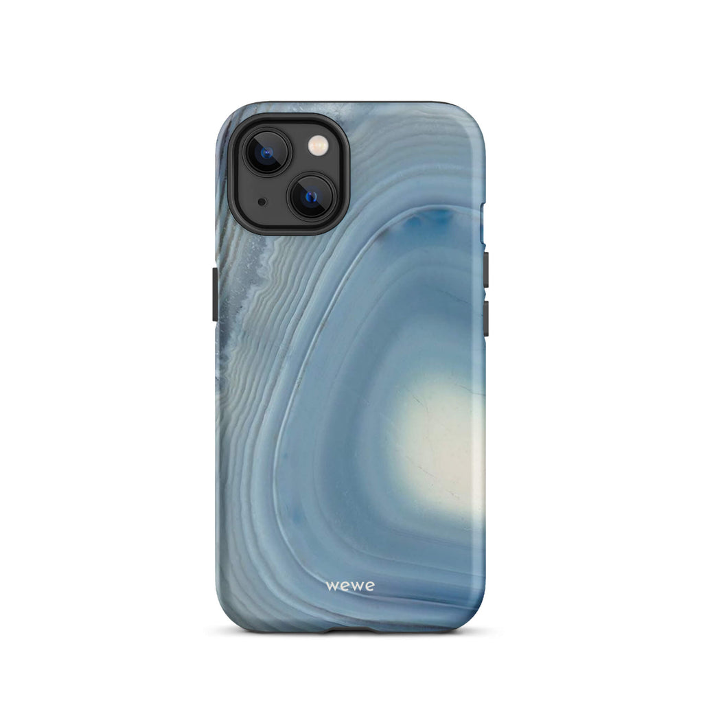 Custom iPhone case 13 with a  close-up image of a blue and white geode or agate slice with swirling patterns.
