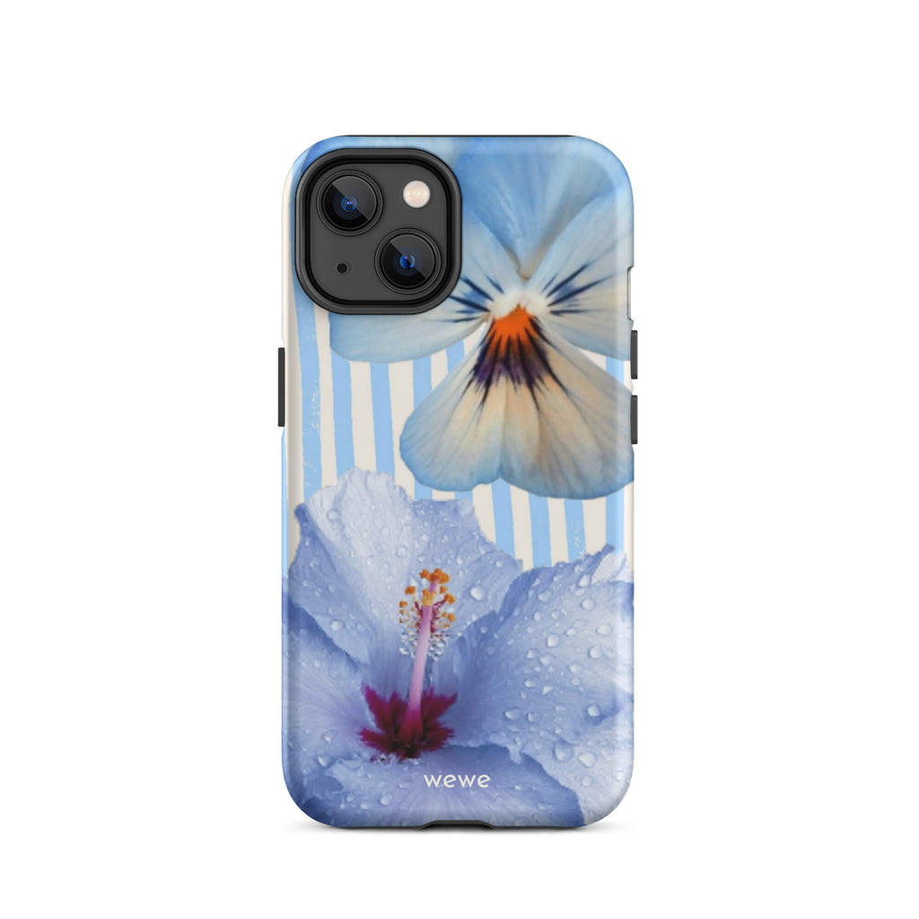 Custom iPhone case 14 with a photo of a blue hibiscus flower with water droplets and a white pansy on a striped background.