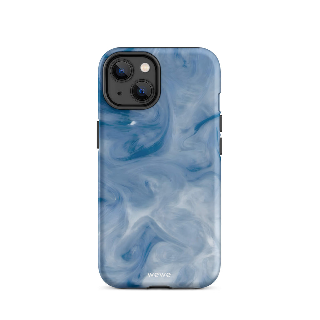 Custom iPhone case 14 with a swirling, abstract pattern of deep blue, light blue, and white, resembling flowing water or marble.
