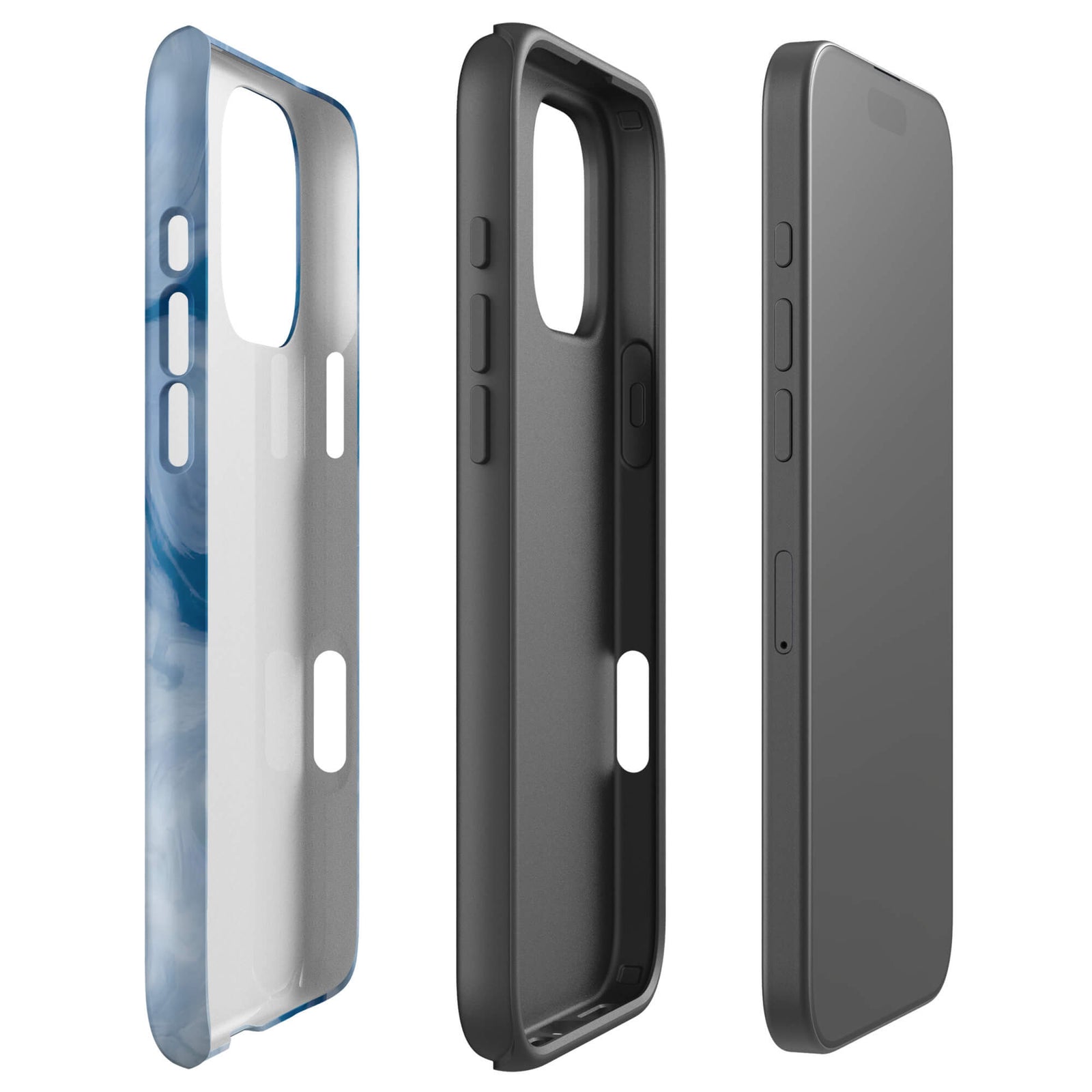 Custom iPhone case 16 pro max with a swirling, abstract pattern of deep blue, light blue, and white, resembling flowing water or marble.