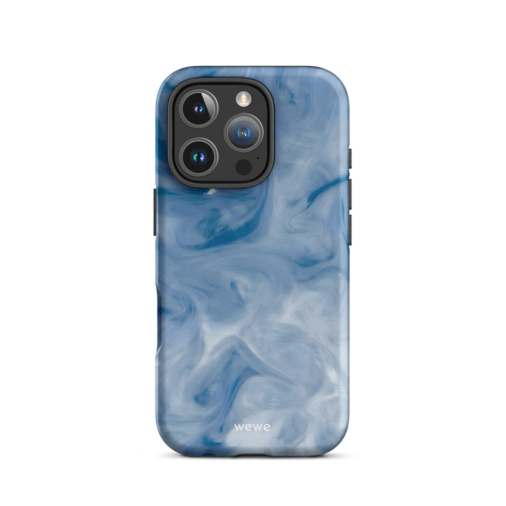 Custom iPhone case 16 prowith a swirling, abstract pattern of deep blue, light blue, and white, resembling flowing water or marble.