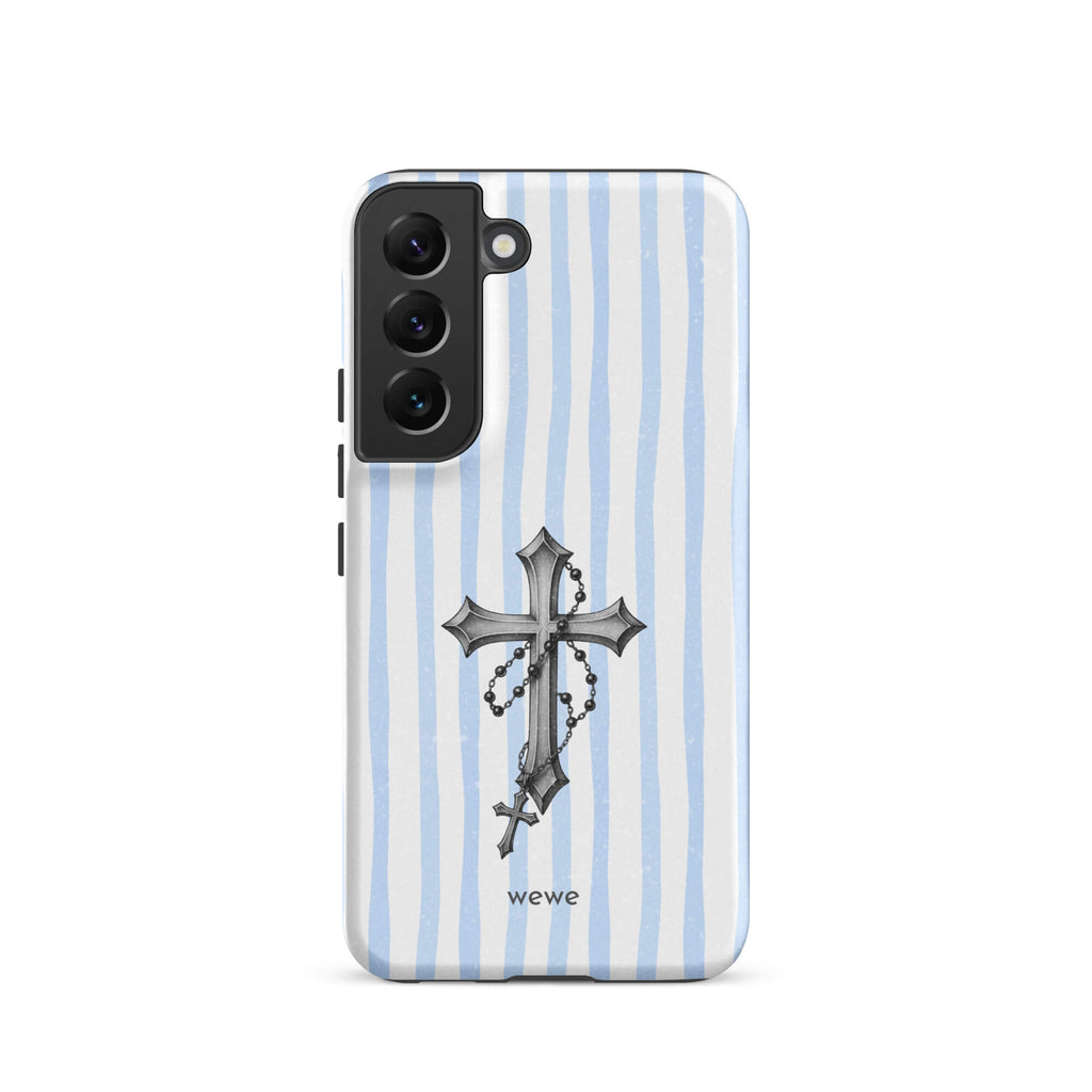 Custom samsung galaxy s22  Phone case pro with a light blue and white striped background and a detailed rosary cross graphic.