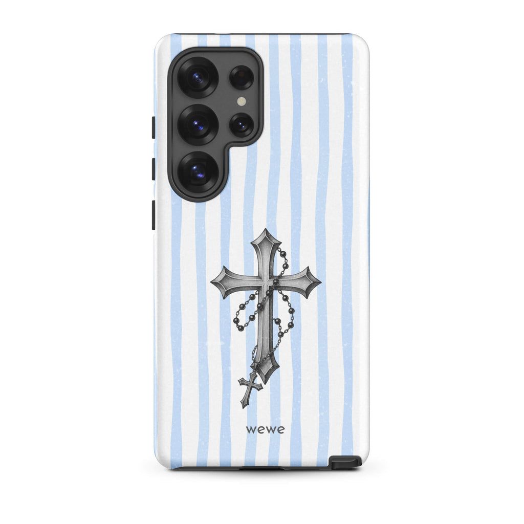 Custom samsung galaxy s25 ultra  Phone case pro with a light blue and white striped background and a detailed rosary cross graphic.
