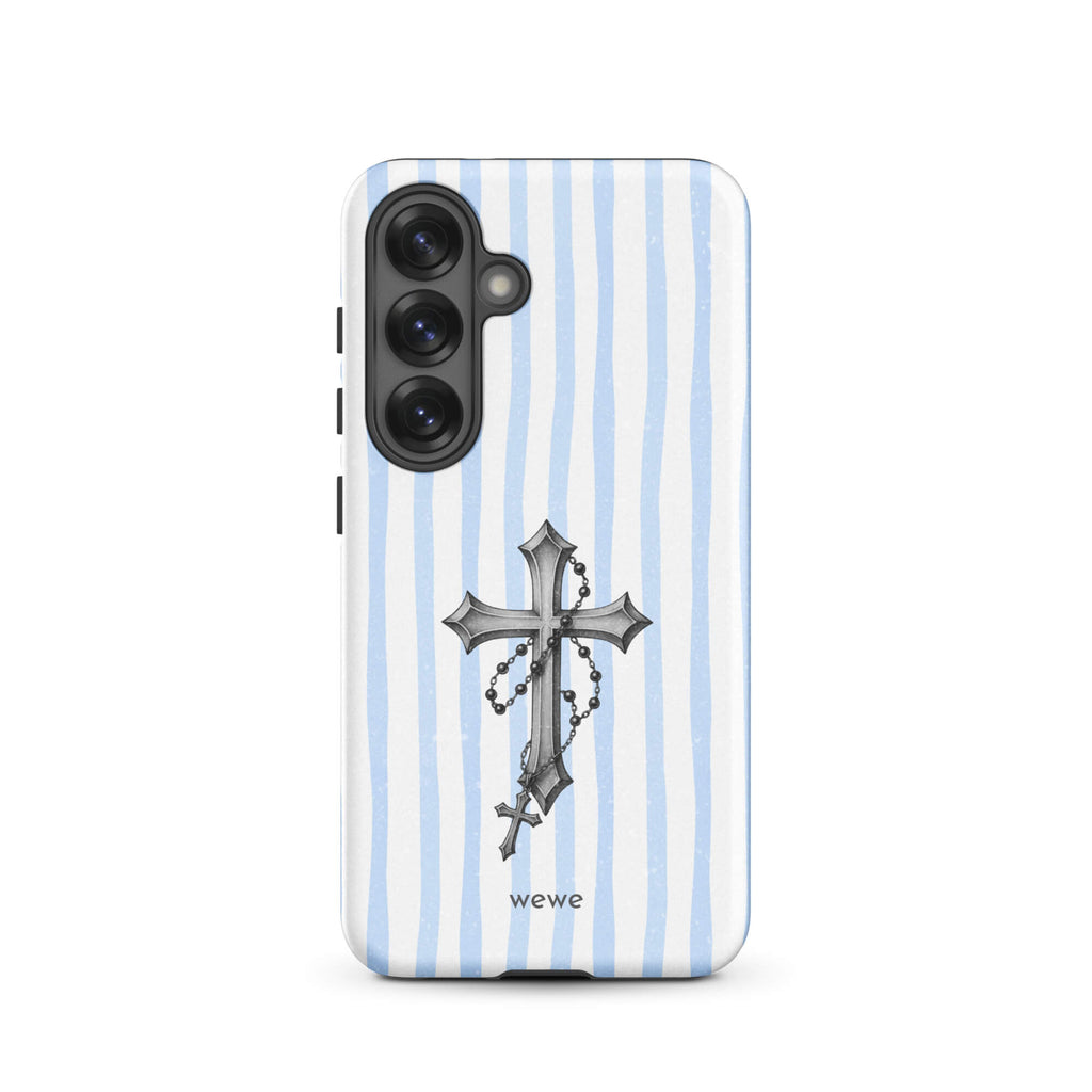 Custom samsung galaxy s25 Phone case pro with a light blue and white striped background and a detailed rosary cross graphic.