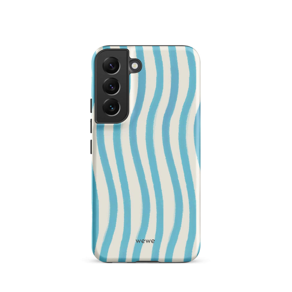 Custom samsung galaxy s22 Phone case with a light blue and white wavy vertical stripe pattern.