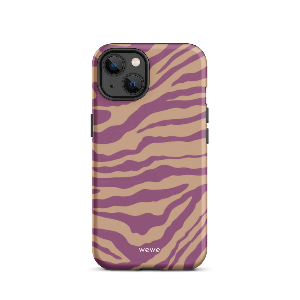 Custom iPhone case 13 with a bold and graphic brown and purple zebra pattern.