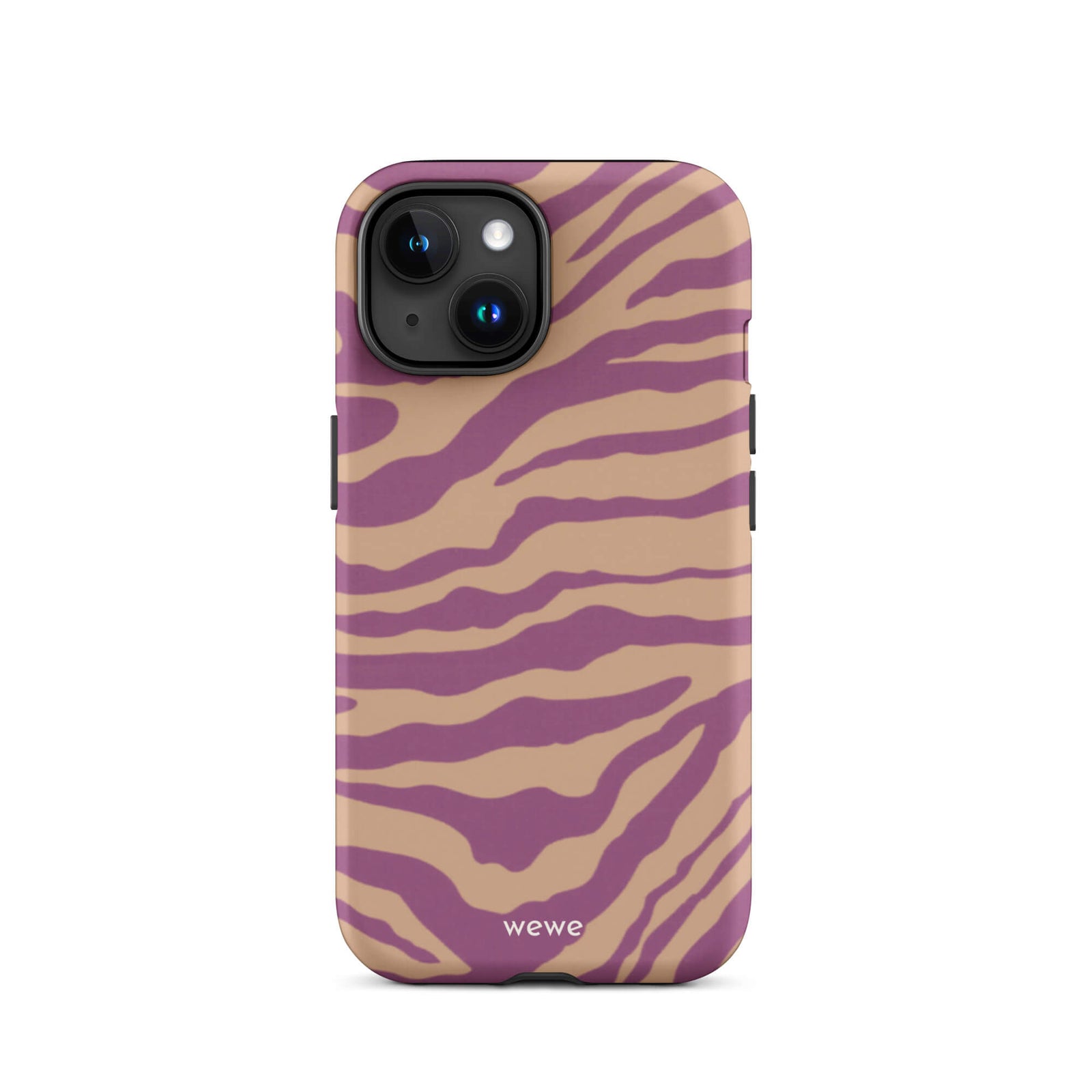 Custom iPhone case 15 with a bold and graphic brown and purple zebra pattern.