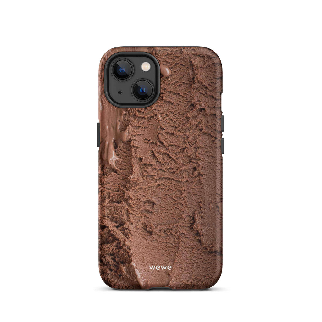 Custom iPhone case 13 with a close-up, macro photo of a textured, rich brown chocolate ice cream.