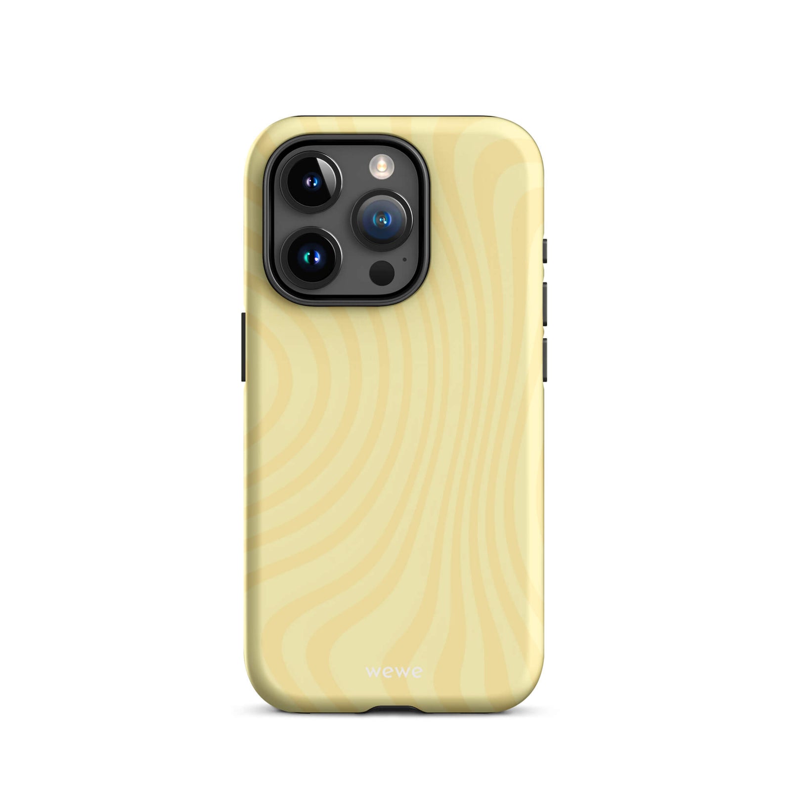 Custom iPhone case 15 pro with a butter yellow and beige wavy, swirling pattern.