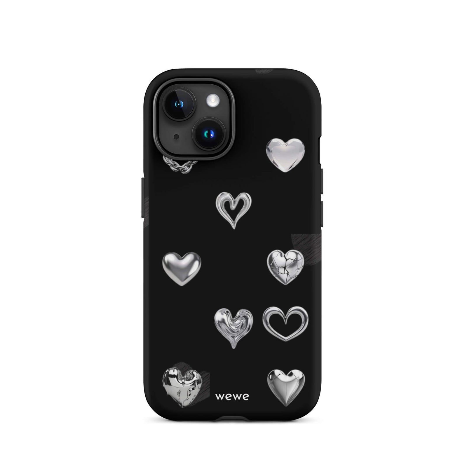 Custom iPhone case 15 with a black background and shiny silver chrome heart charms in various designs, including a cracked heart.