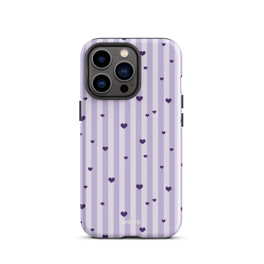 Custom iPhone case 13 pro with a light purple and white vertical stripe background, scattered dark purple hearts.