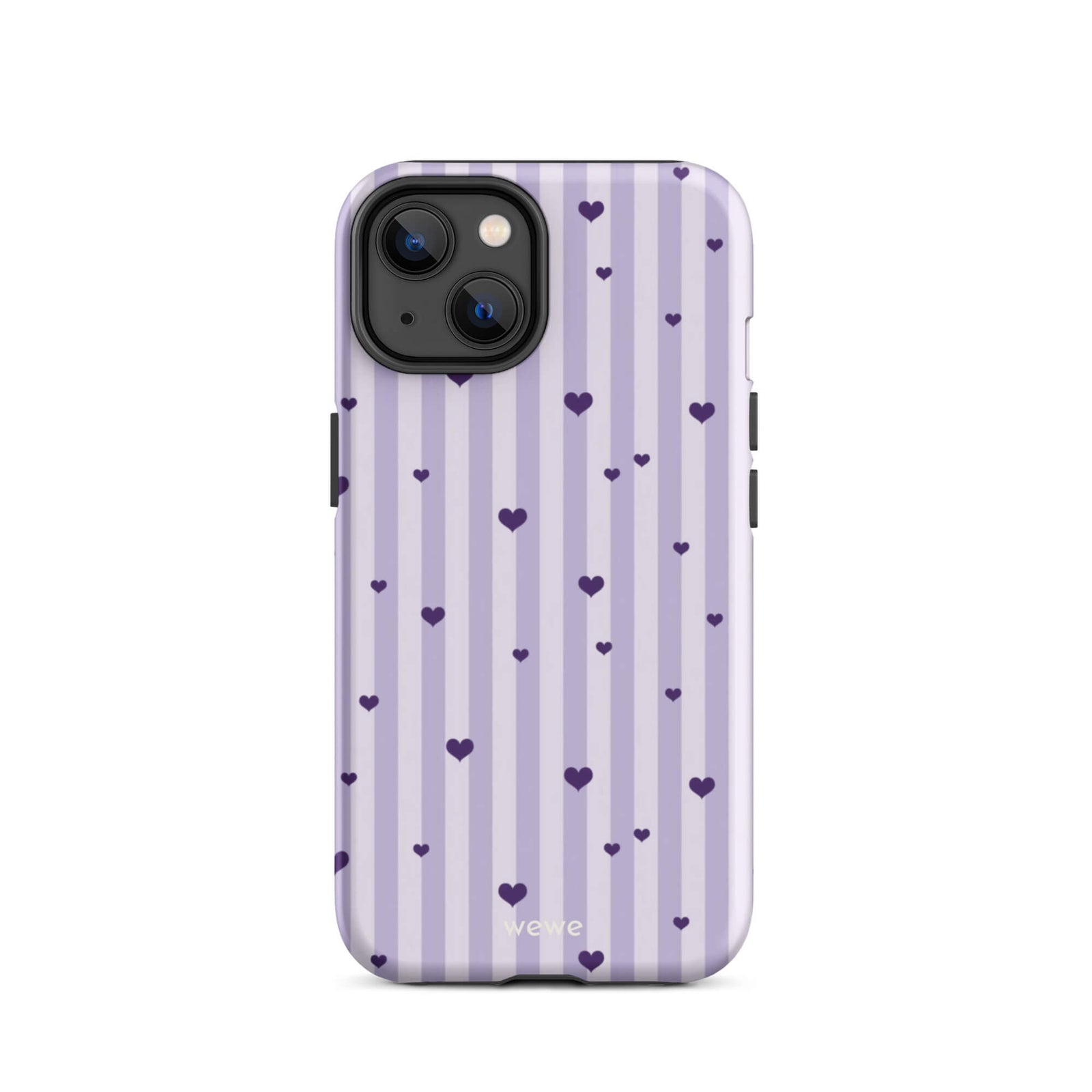 Custom iPhone case 14 with a light purple and white vertical stripe background, scattered dark purple hearts.