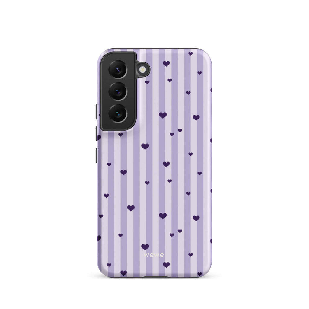 Custom samsung galaxy s22  Phone case with a light purple and white vertical stripe background, scattered dark purple hearts.