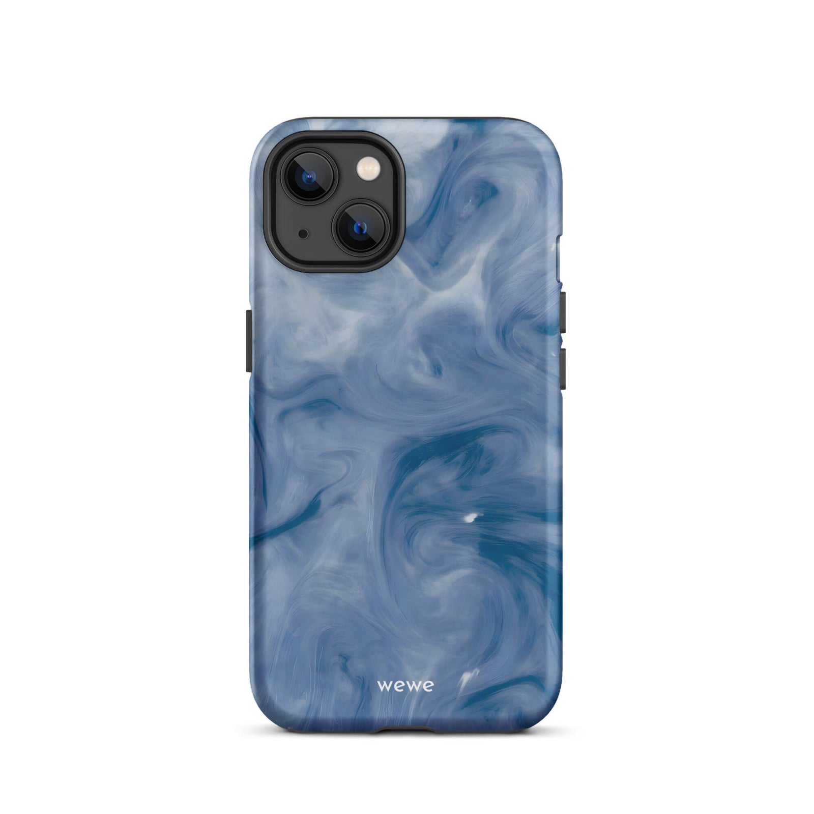 Custom iPhone case 13 with a swirling, abstract pattern of deep blue, navy, and white, resembling flowing water, smoky clouds, or liquid marble.