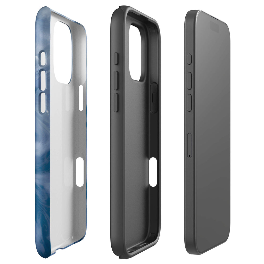 Custom dark blue fluid swirl marble iPhone case 16 pro max dual-layer shockproof protection.