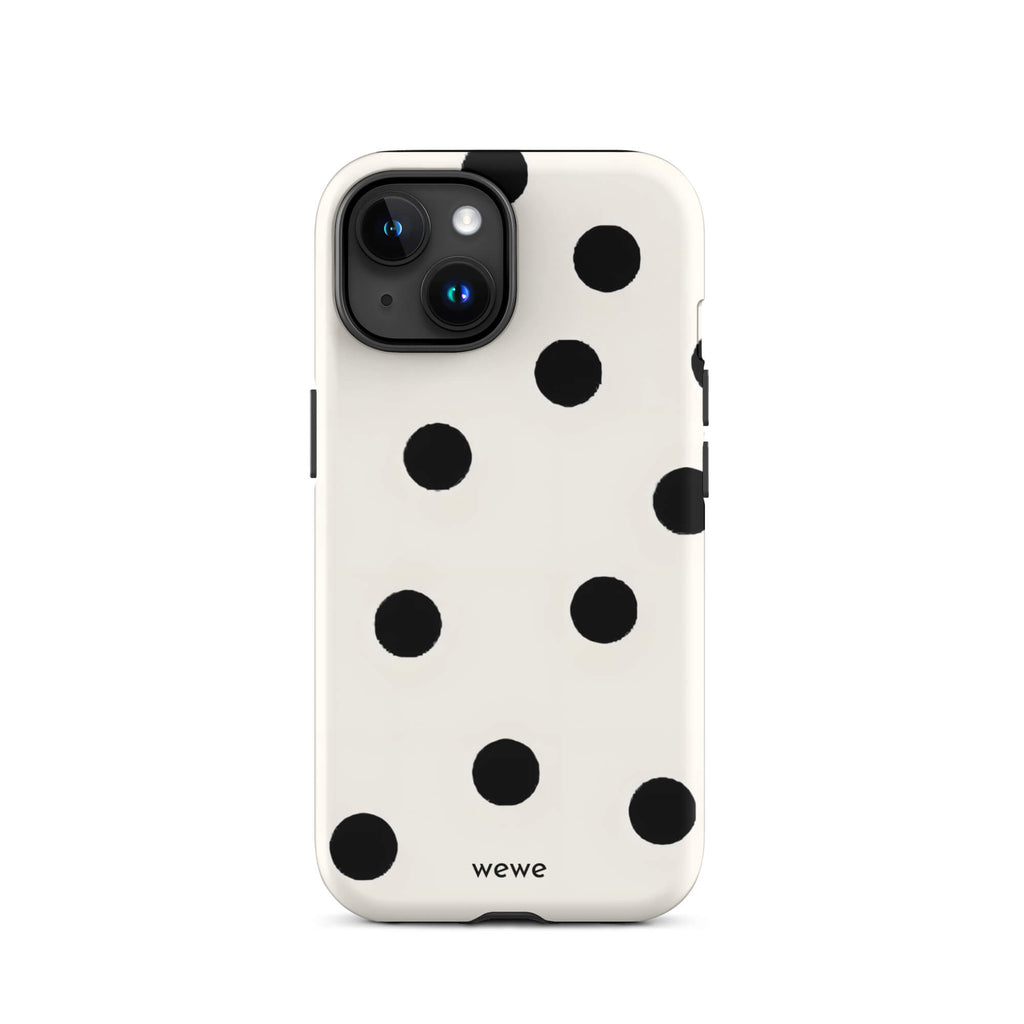 Custom iPhone case 15 with a  classic black polka dot pattern on a clean white background.