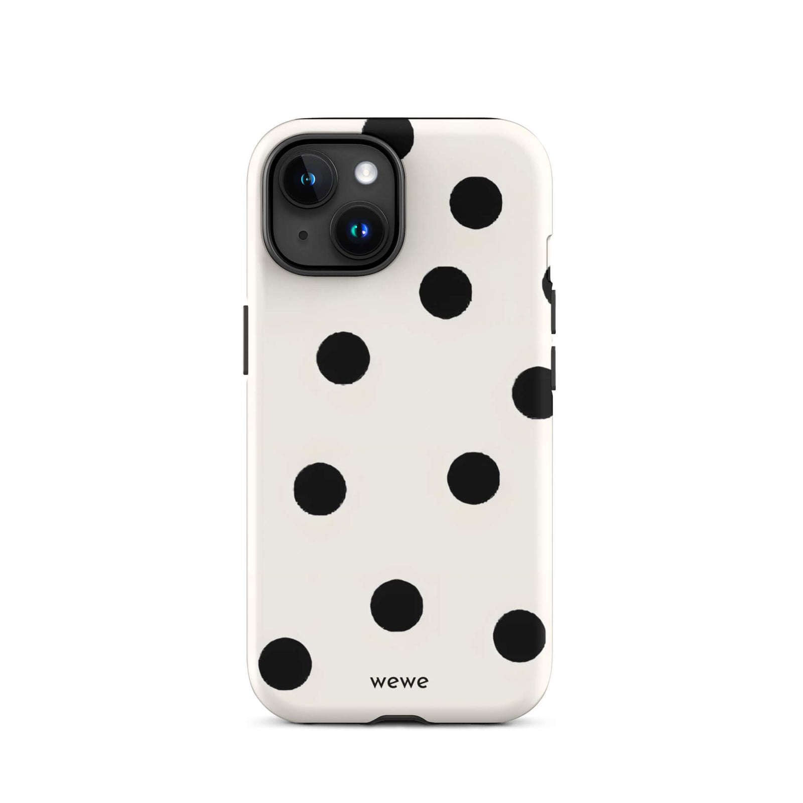 Custom iPhone case 15 with a  classic black polka dot pattern on a clean white background.