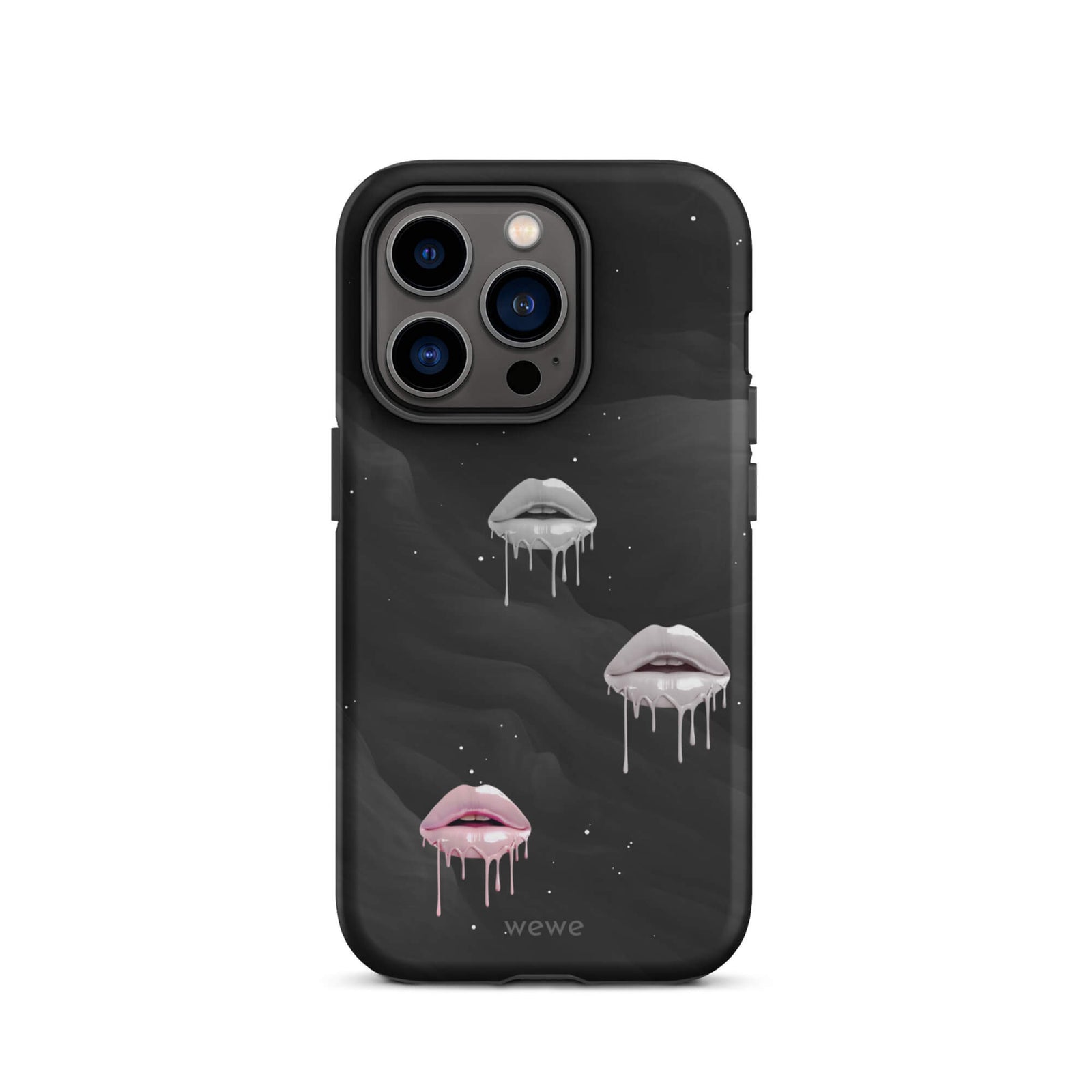 Custom iPhone case 14 pro with a black galaxy background and three sets of dripping lips in gray and pink.