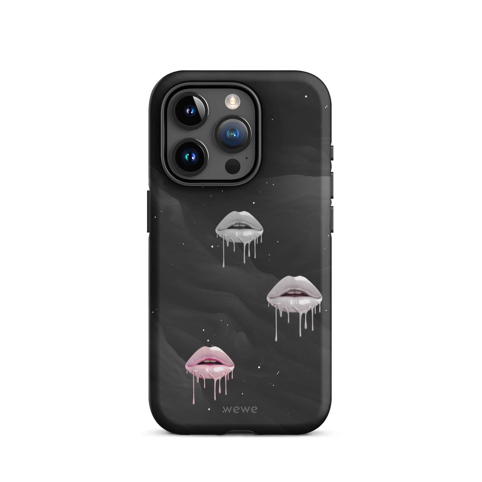 Custom iPhone case 15 pro with a black galaxy background and three sets of dripping lips in gray and pink.