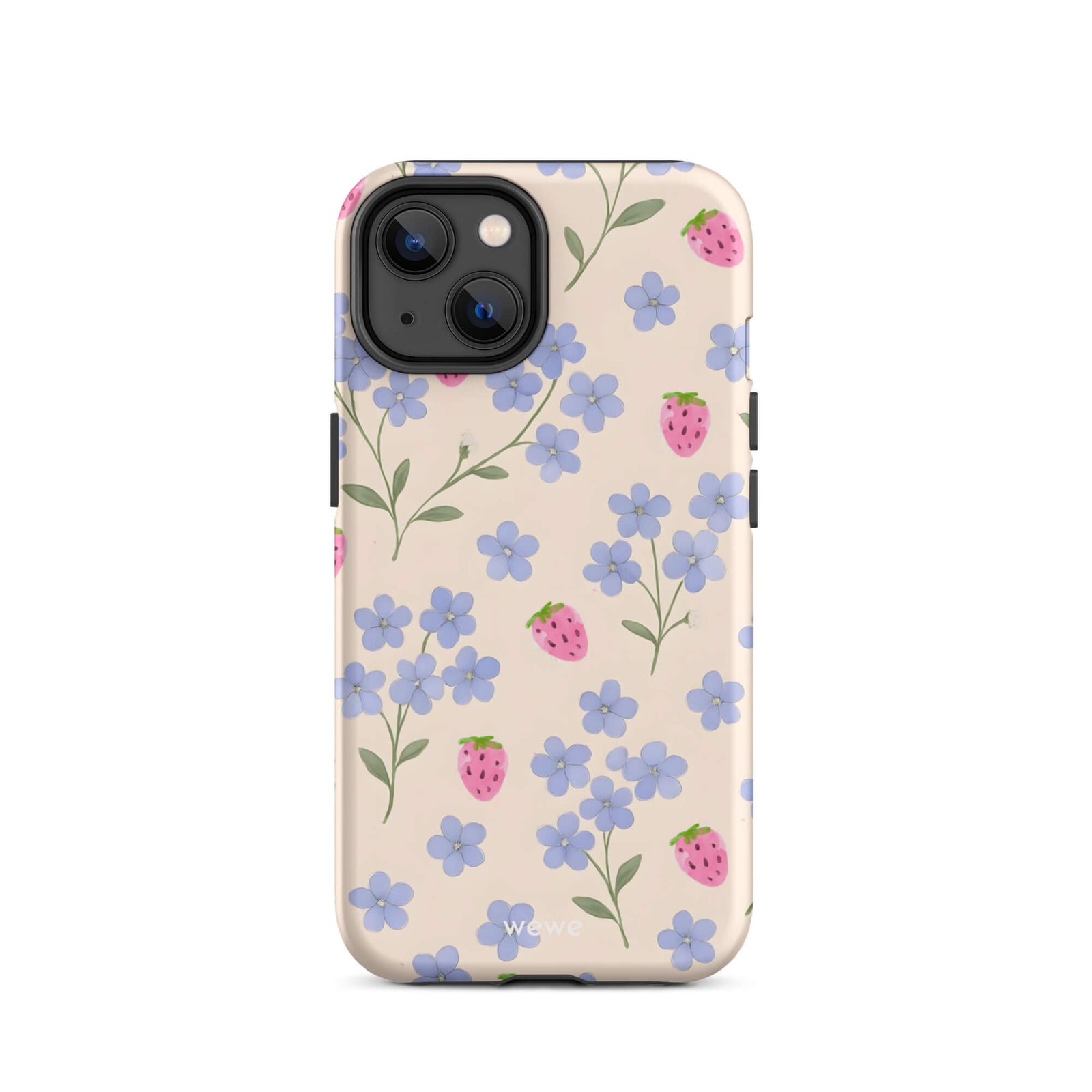 Custom iPhone case 14 with a cute and whimsical pattern of watercolor blue forget-me-not flowers and pink strawberries on a light cream background.