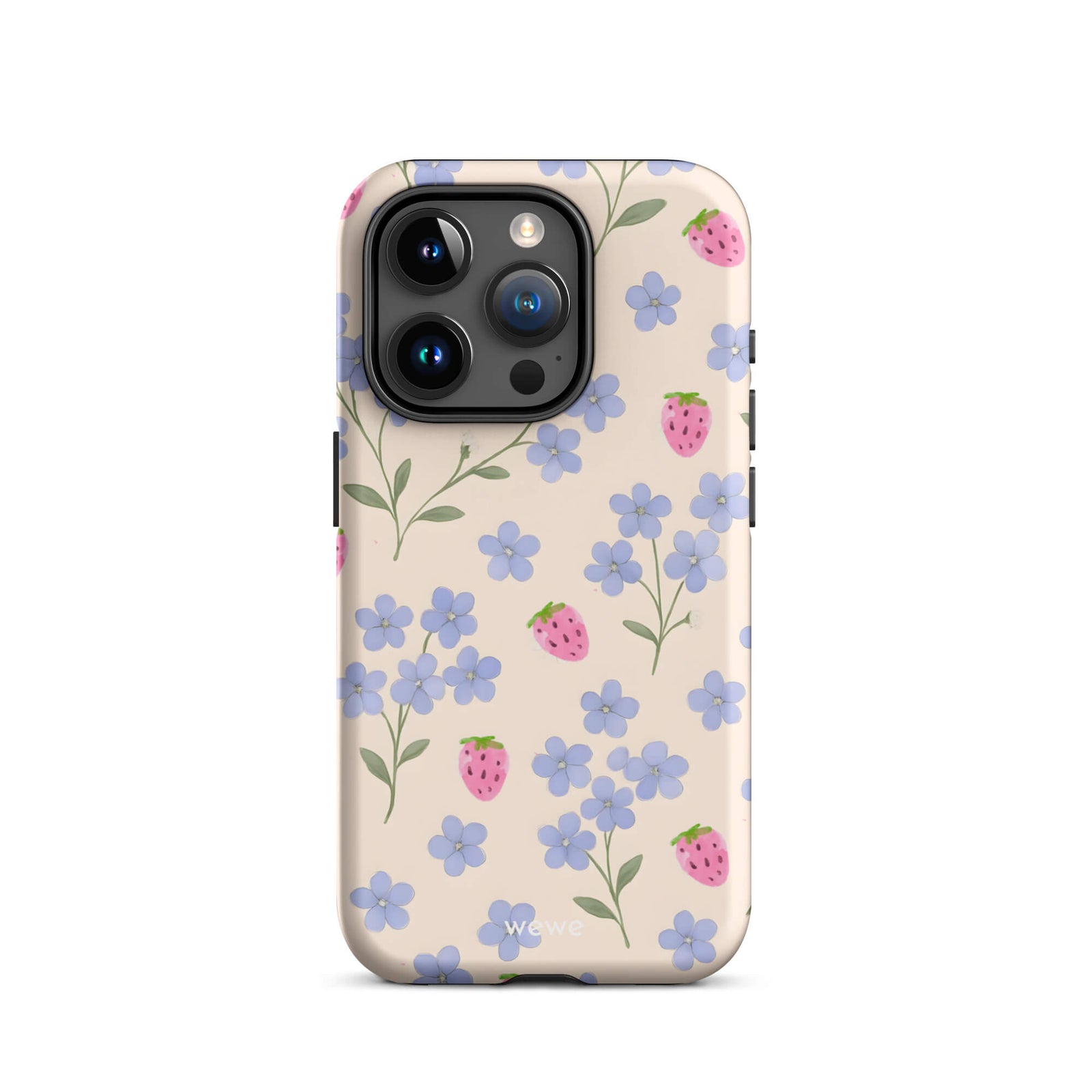 Custom iPhone case 15 pro with a cute and whimsical pattern of watercolor blue forget-me-not flowers and pink strawberries on a light cream background.