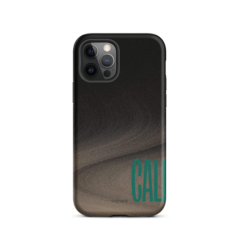 Custom iPhone case 12 pro with a black and metallic, textured grunge background and the word "CALL" repeated in a stylized green-blue font.