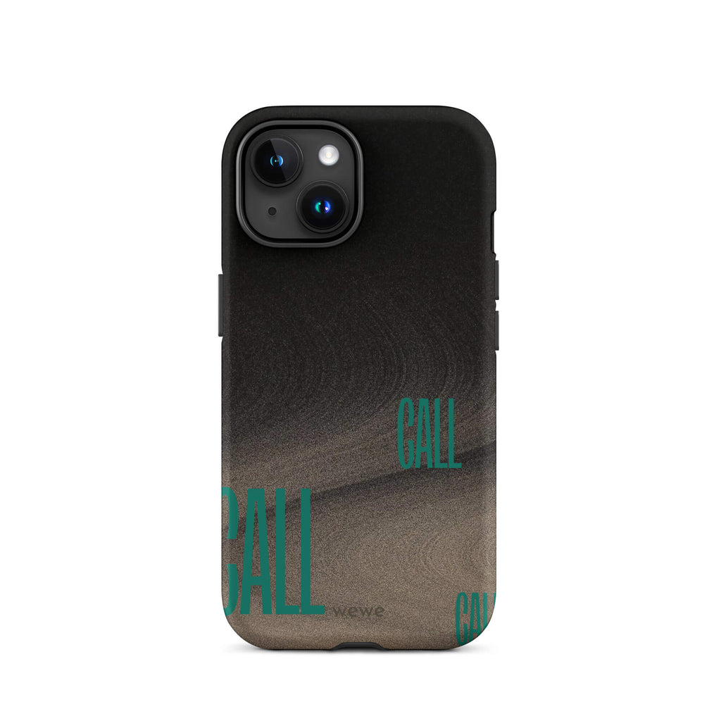 Custom iPhone case 15 with a black and metallic, textured grunge background and the word "CALL" repeated in a stylized green-blue font.