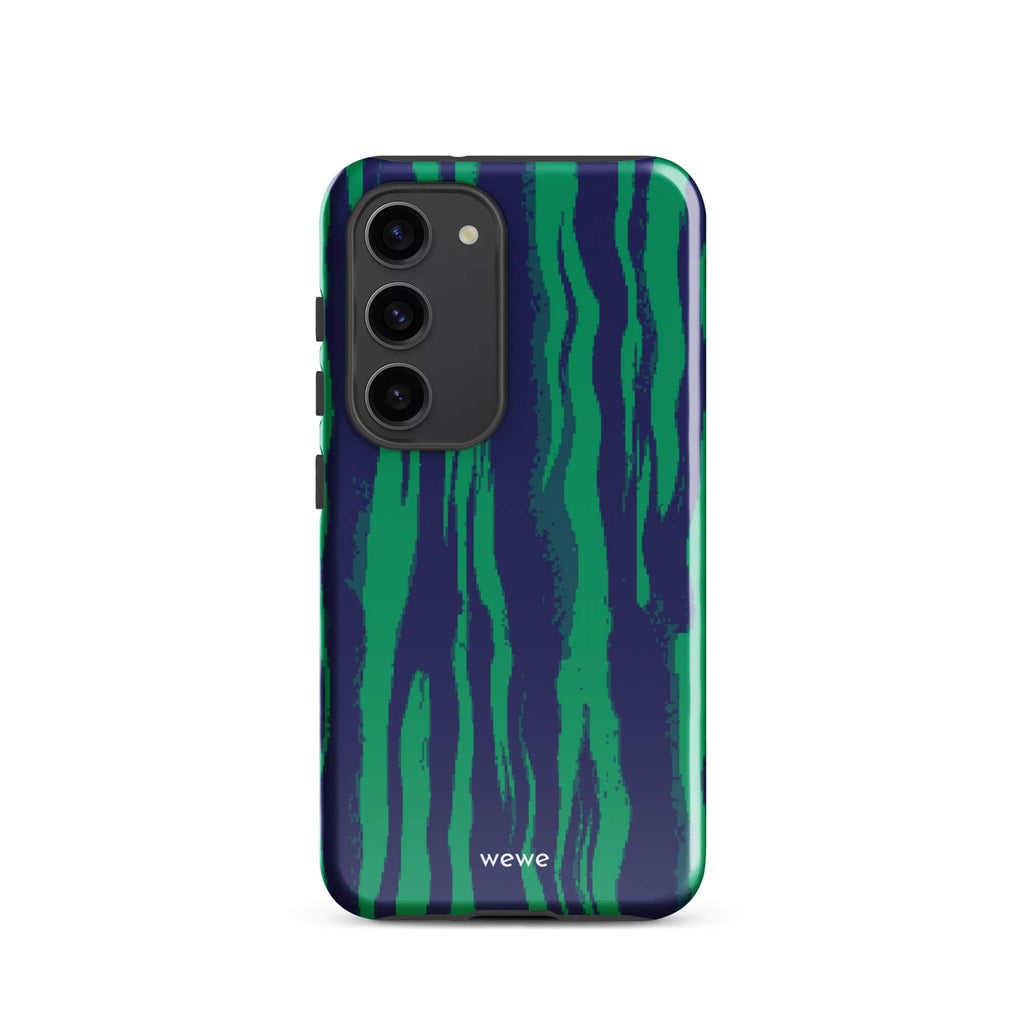 Custom samsung galaxy s23 with a white and pale purple abstract, wavy, or groovy pattern.