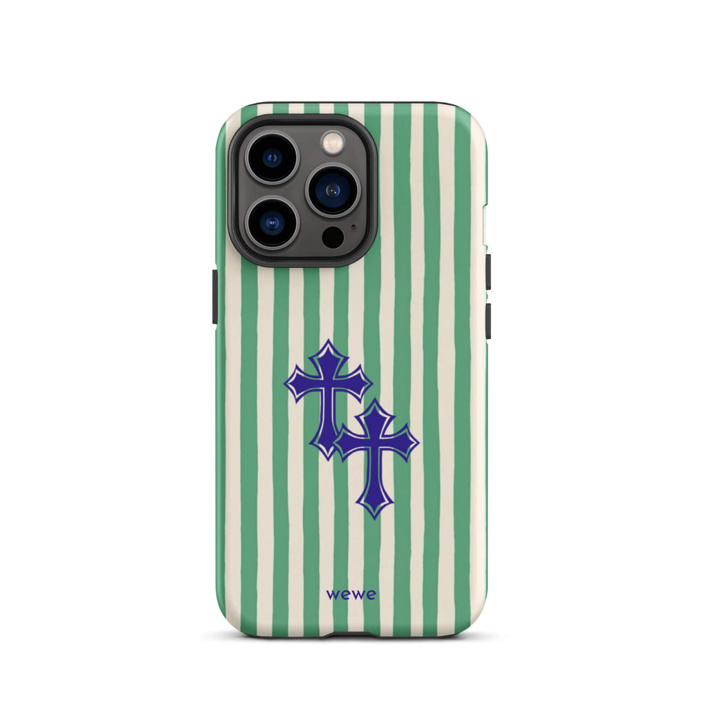 Custom iPhone case 13 pro with a green and white vertical stripe pattern and two overlapping blue tribal crosses.