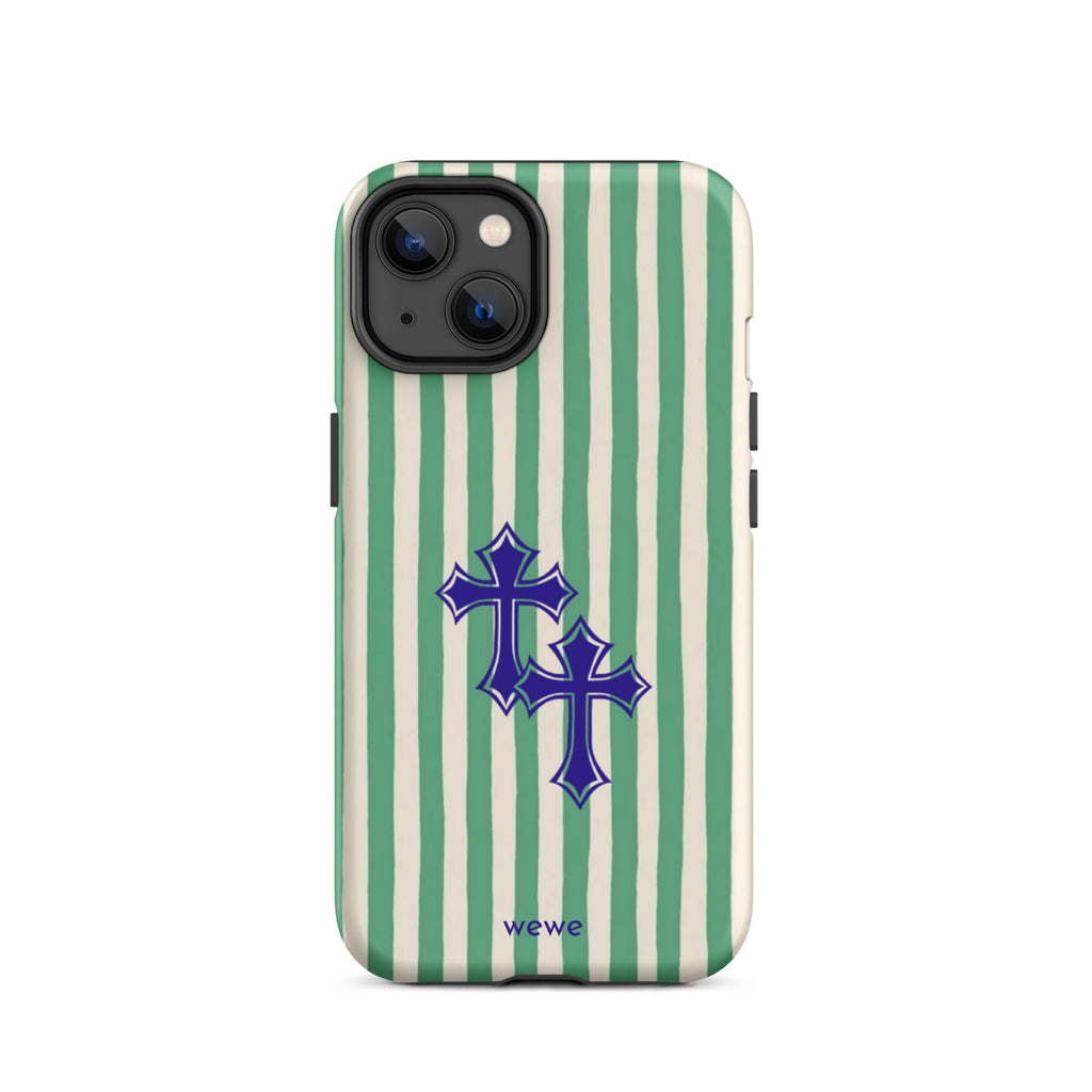 Custom iPhone case 14 with a green and white vertical stripe pattern and two overlapping blue tribal crosses.