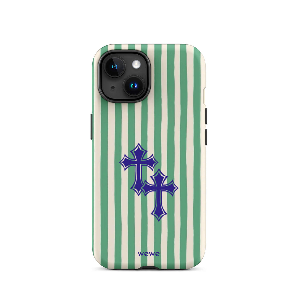 Custom iPhone case 15 pro with a green and white vertical stripe pattern and two overlapping blue tribal crosses.