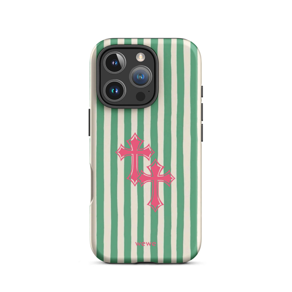 Custom pink tones cross iPhone case 16 pro spiritual design.