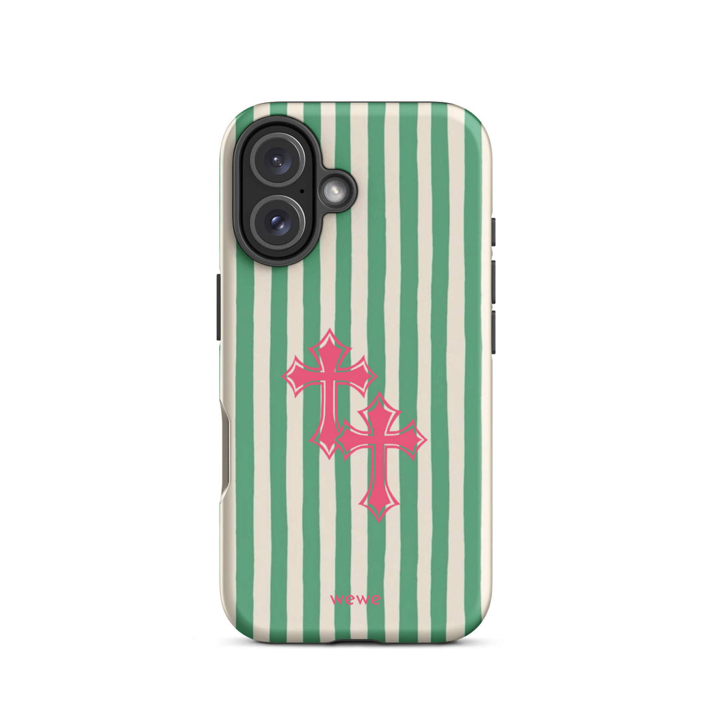 Custom pink tones cross iPhone case 16 spiritual design.