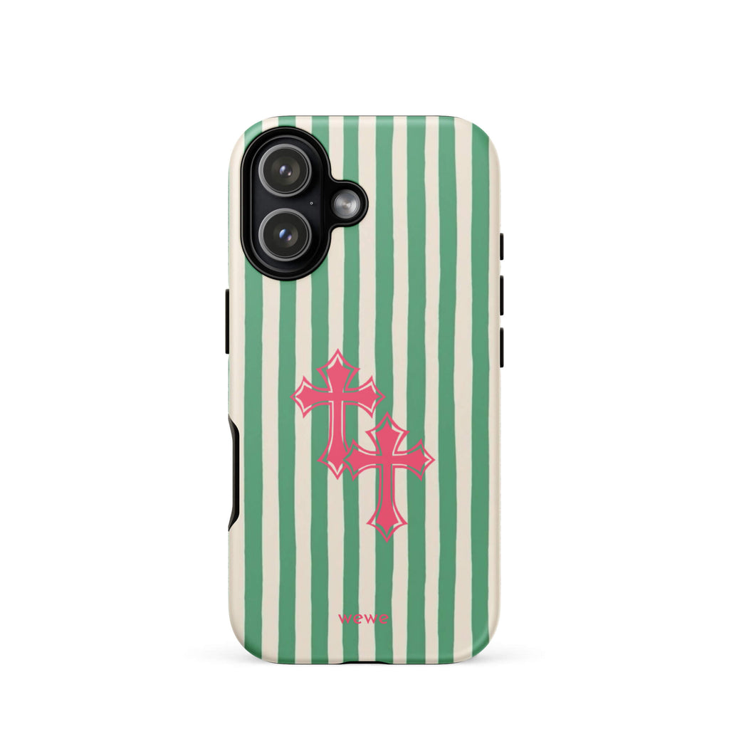 Custom pink tones cross iPhone case 17 spiritual design.