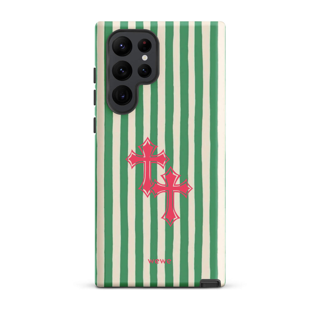 Custom samsung galaxy s22 ultra tough case featuring glossy hand-drawn style vertical stripes in mint green and off-white/cream, with two layered bright pink crosses centered on the back, and 'wewe' branding at the bottom.