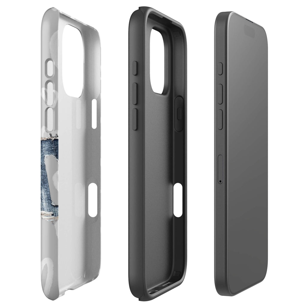 Custom iPhone case 16 pro max with a light grey background, a pattern of sketched white hearts, and a ripped denim 'NY' graphic.