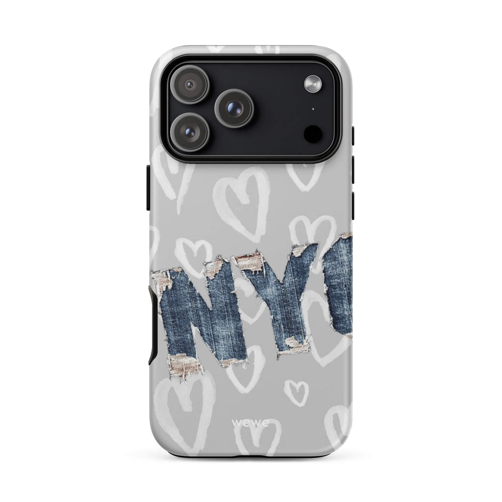 Custom iPhone case 17 pro max with a light grey background, a pattern of sketched white hearts, and a ripped denim 'NY' graphic.