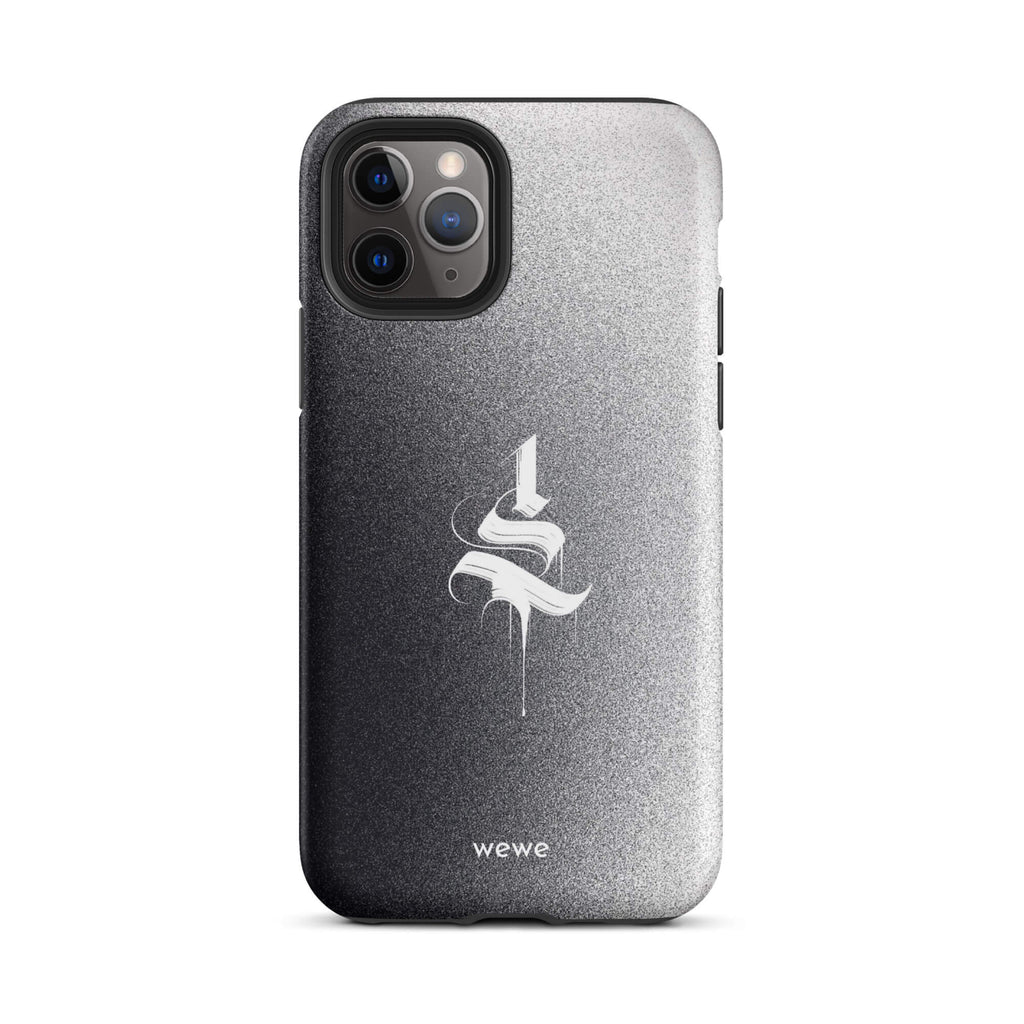 Custom iPhone case 11 pro with a black to grey ombre background and a dripping, stylized gothic 'S' in white.